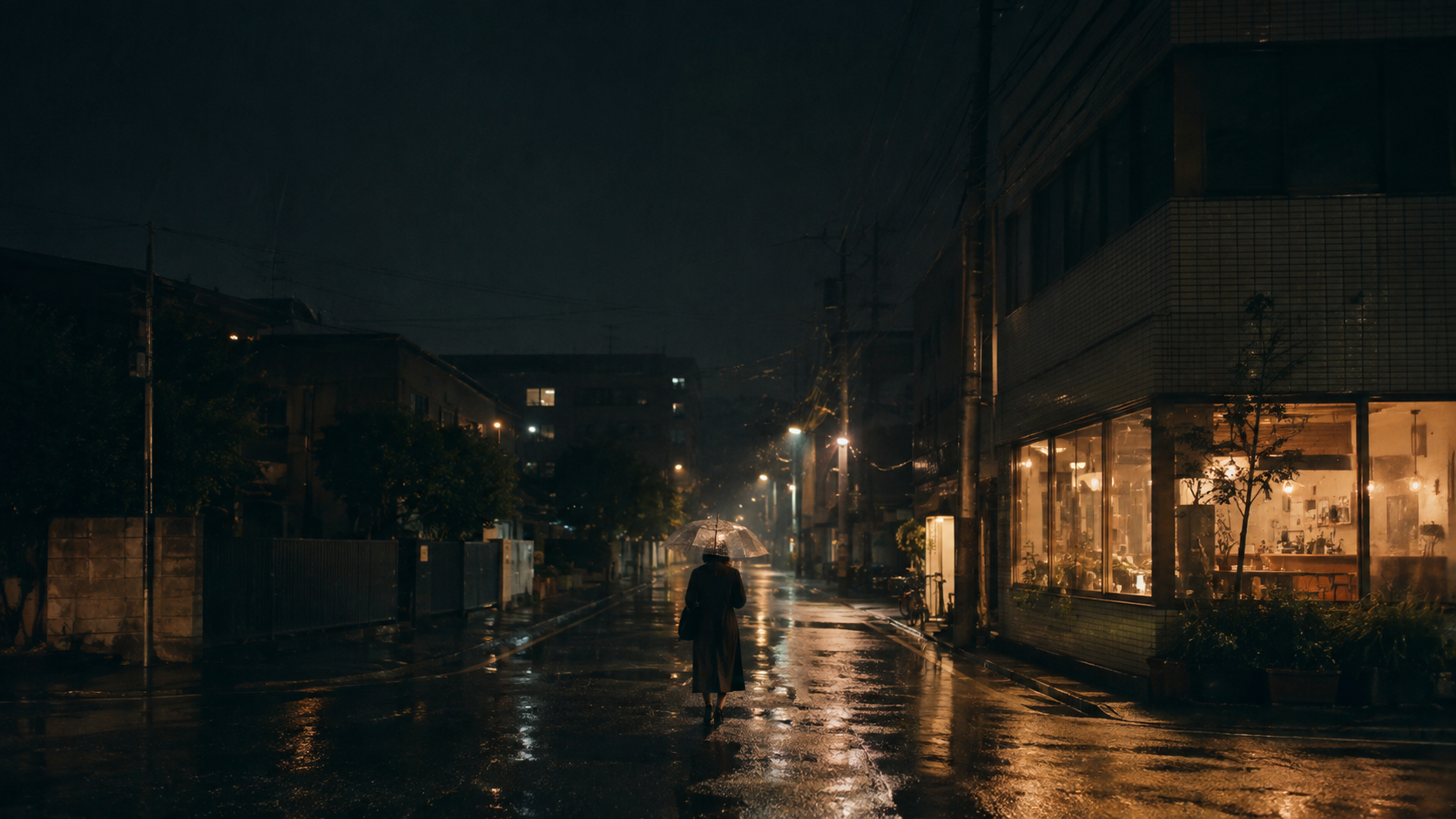 原創示意畫面：雨夜街道上，一個人撐傘走向暖色燈光